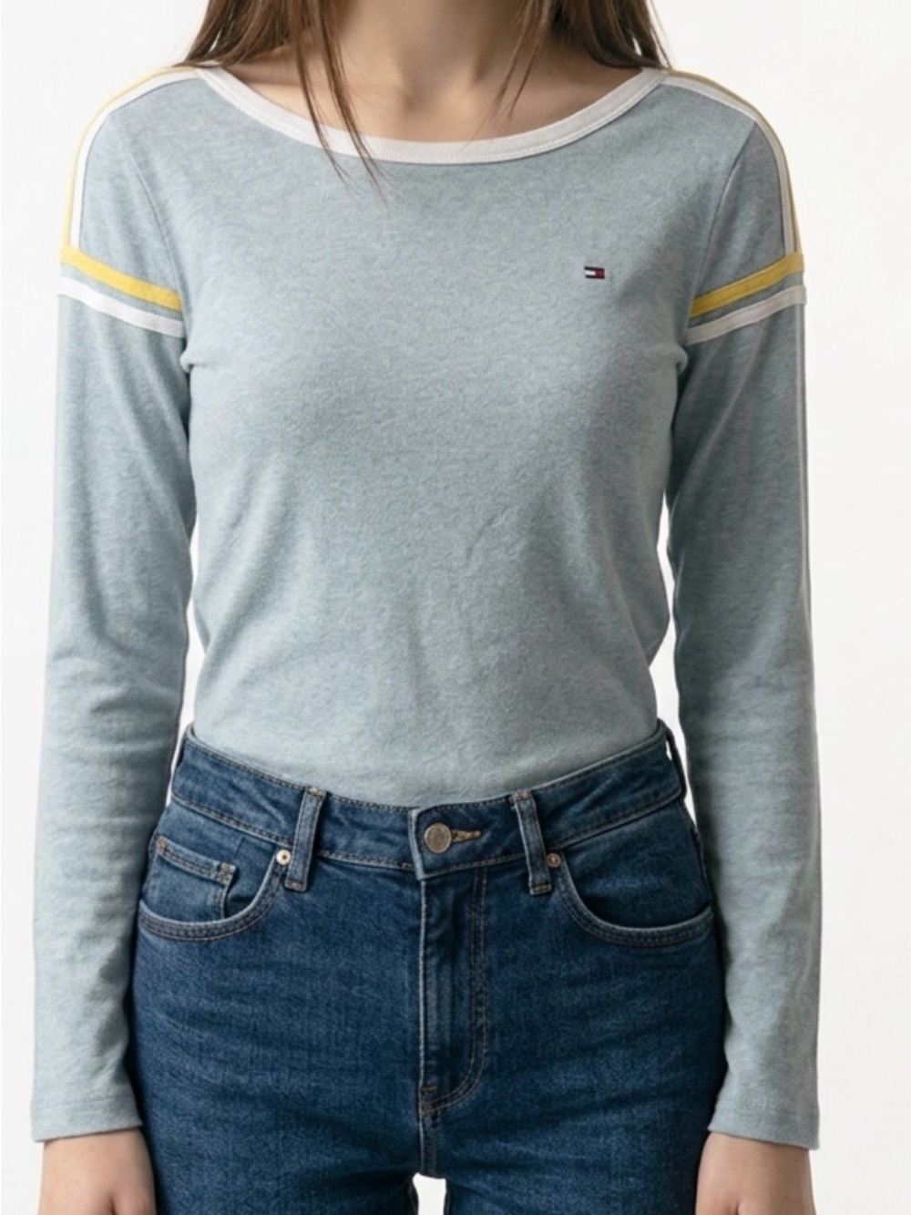 TOMMY HILFIGER women’s Pale Blue Long-Sleeve Top with Stripes on Shoulders. SZ L